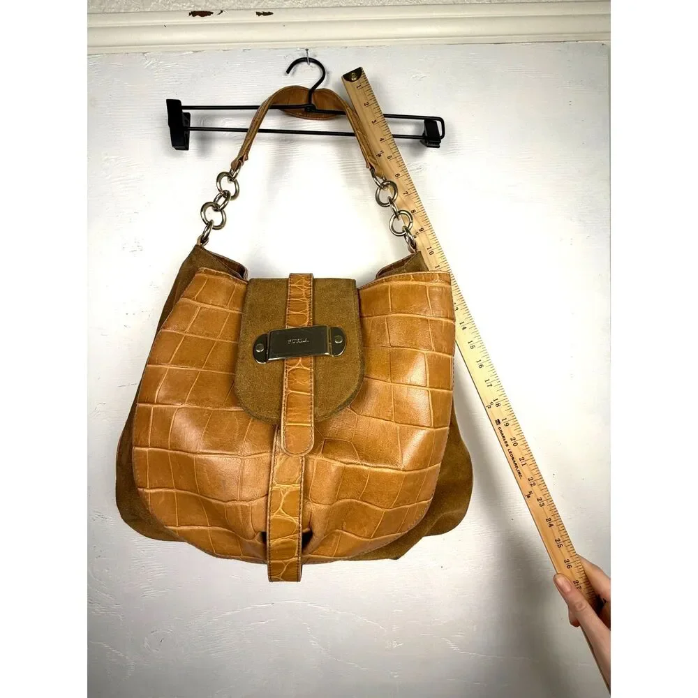 Y2K Vintage Furla Italian Leather Croc‎ Embossed Shoulder Bag Camel Hobo Purse